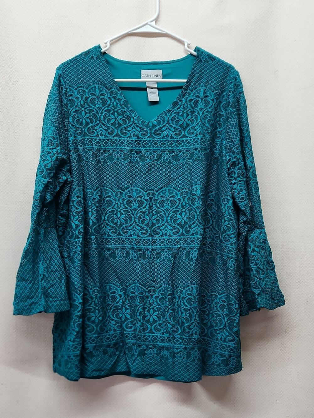 Catherines Teal Lace-Pattern V-Neck Tunic